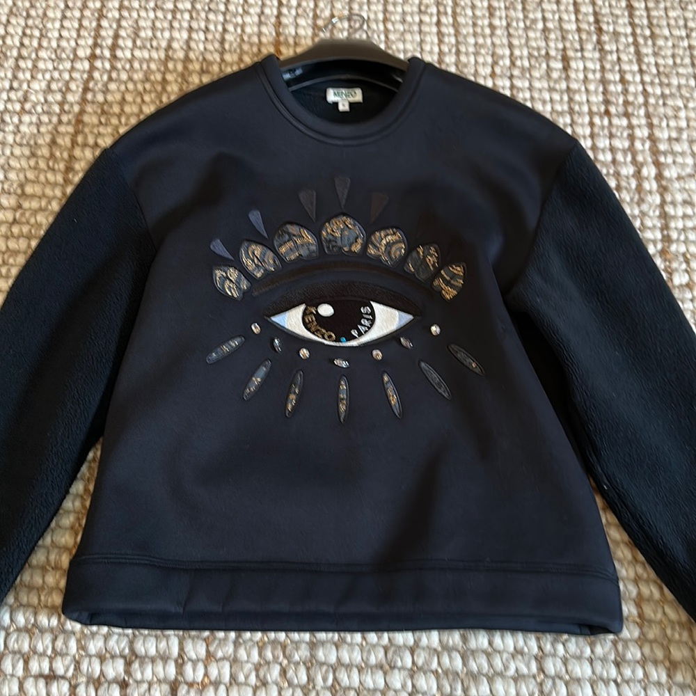 Kenzo Black fleece & neoprene Eye embroidered sweatshirt (size s)